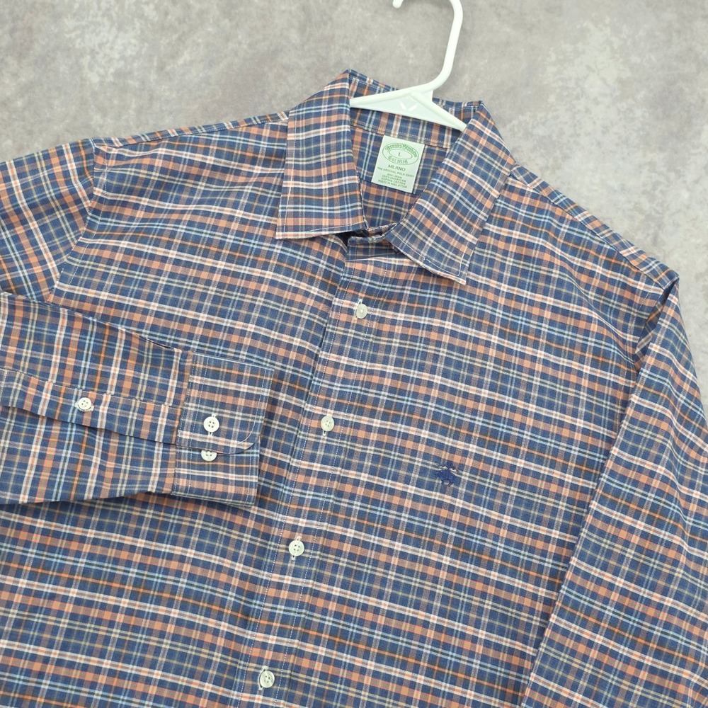 Brooks Brothers Milano Mens L Long Sleeve Supima Cotton Plaid Shirt Blue Orange